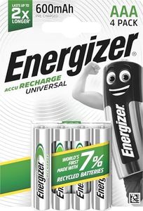 Energizer Recharge Universal - Rechargeable Batteries AAA (4 Pack) - 600 mAh NiMH Triple A Battery - 100% Recyclable Plastic Free Packaging