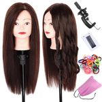 20 Inch Human Hair Training Practice Head Styling Dye Cutting Mannequin Manikin Head with Free Clamp Holder Brown Hair Doll Head