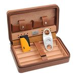 AKT Cigar Humidor Case Portable Cedar Wood Leather Travel Cigar Humidifier Set Box with Lighter & Cigar Cutter,Brown