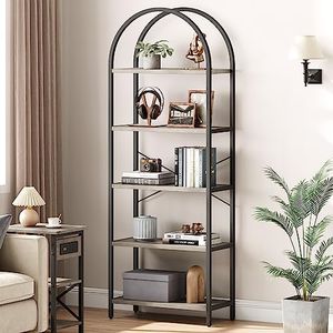 IDEALHOUSE Bookshelf 5 Tier Bookcase Arched Display Racks Tall Standing Bookshelves Metal Frame Modern Storage Rack Shelf Large Wood Book Shelf for Bedroom, Living Room, Home Office