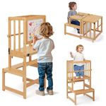COSYLAND 3-In-1 Toddler Kitchen Stool Helper – Convertible Standing Tower With Whiteboard for Kids – Children's Bathroom Kitchen Counter Helper – Mothers' Helper Tower Learning Stool (Natural)