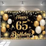 Happy 65th Birthday Banner Gold 1.1 x 1.8m Happy 65th Birthday Banner Backdrop 65th Birthday Decorations for Women Men, 65 Years Old Birthday Anniversary Party Supplies (Black Gold)