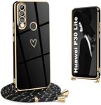 Ptny Mobile Phone Case Compatible with Huawei P30 Lite Case with Strap for Hanging, Mobile Phone Case Love Heart Pattern Electroplating TPU Silicone Bumper Thin Case for Huawei P30 Lite, Black