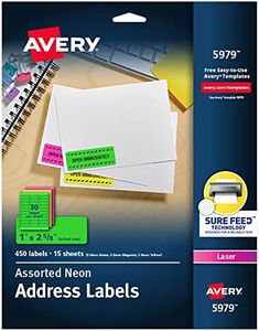 Avery Printable Address Labels with Sure Feed, 1" x 2-5/8", Assorted Neon (Magenta, Green and Yellow), 450 Blank Mailing Labels for Laser and Inkjet Printers (5979)