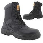 Mens Leather Combat Ankle Boots Steel Toe Cap Military Combat Safety Trainers Police Work Shoes (9 UK) Black