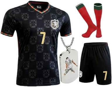 Alorsict Kids Soccer Jersey Set | Uniform Kit with Shirt Shorts Socks #7 Necklace for Boys Girls,School Sports Training Match (C.R.Black#7, 9-10 Years)