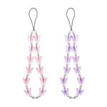 Jagowa 2PCS Phone Charm Cell Phone Pearl Lanyard Wrist Straps Bling Crystal Butterfly Pendant Anti Lost Mobile Phone Chain for Women Girl, Pink, Purple