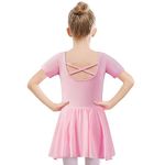 Girls Ballet Dance Dress Cross Straps Back Ballet Outfit Short Sleeve Leotards with Tutu Skirt for Girls Kids Pink