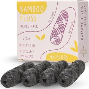 ECO ROOTS Organic Bamboo Floss Refill x4 Rolls, Eco Friendly Dental Charcoal Floss | Reusable & Vegan Bamboo Tooth Flossers | Zero Waste, Plastic Free, Biodegradable