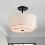 Vexagyle 12.6inch Flush Mount Ceiling Light Fixture,3-Light Modern Close to Ceiling Light with 2-Layer Linen Fabric Shade,Farmhouse Drum Ceiling Mount Lamp for Bedroom Hallway Living Room