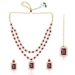 IIJ Maroon and White Necklace with Stud Earrings | Two-Layered and Sparkling Square-Shaped Rhinestone Crystal Design | Maang Tikka for Wedding Jewellery Set for Women and Girls