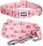 YUDOTE Floral Dog Collar and Lead Set Medium,Strong Pink Nylon Collar and Leash Combo for Active Female Dogs Daily Use,Floral Pink