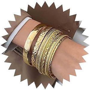 Aneneiceera Lot de 10 bracelets joncs punk superposés dorés, gros bracelets manchette en métal, bracelets multicouches texturés bracelets martelés, larges manchettes, bijoux pour femmes et filles (or)