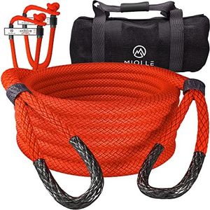 Miolle 1/2" x 20' Kinetic Recovery & Tow Rope for ATV, UTV, Snowmobile, Red (7700lbs), with 2 Spectra Soft Shackles 3/16' (9000lbs)