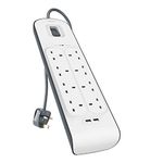 Belkin Extension Lead with USB Slots x 2 (2.4 A Shared), 8 Way/8 Plug Extension, 2m Surge Protected Power Strip - White