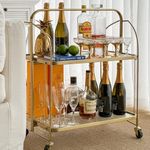 Seek & Ramble Gatsby Bar Cart, 26.37in x 16.53in, Fluted Glass, Gold, Collapsible, Shelving, End Table, Kitchen, Storage, Trolley, Mid Century, Modern