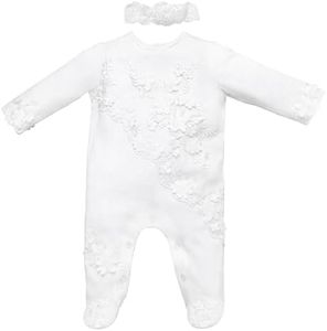 TENTIDE Newborn Baby Girls Embroidery Romper Infant Bodysuit Christening Baptism Outfit with Headband