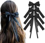 Styla 3 Piece Satin Hair Bow Clips: Metal Alligator No Slip Design, Double Long Tail Ribbons for Women & Girls - Black