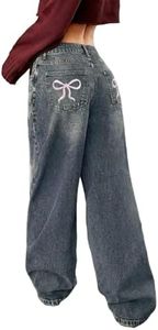 MakeMeChic Girl's Baggy Straight Leg Jeans High Elastic Waisted Denim Pants Y2K Boyfriend Skater Streetwear 6-14Y Bow Print Medium Wash 15 Years