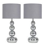 Pair of - Modern Polished Chrome Stacked Ball Table Lamps with a Grey Shade