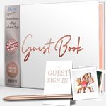 Pink/Rose Gold Guest Book with Pen & Table Sign 7x9 inches - For Wedding Reception, Bridal or Baby Shower & Birthday Parties - Gilded Pages Guestbook, Blank Left Page for Polaroids