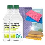 Eco Dish Washing Bundle With Ecover Washing Up Liquid Lemon and Aloe Vera 450ml x 2, Swedish Dishcloth x 2, Biodegradable Scourer x 2 and Plastic Free Kitchen Sponge x 2