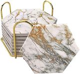 Coasters Set of 8 with Metal Holder Stand, Marble Design Ceramic Coaster Set, Cork Base, Gold Home Decor for Tabletop Protection, Gold Decor, Bar Cart Accessories (Golden)