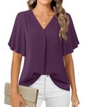 Timeson Women's V Neck Chiffon Blouse Ruffle Sleeve Ladies Work Shirts, Deep Violet, M