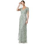 Maya Deluxe Women's Maxi Womens Ladies Embellished Sequin Long Short Sleeve V Neck High Empire Waist Cut Shiny P Bridesmaid Dress, Green Lilly, 16 UK