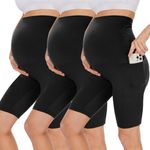 UBCUTE 3 Pack Maternity Shorts Over The Belly with Pockets-8” Pregnancy Biker Workout Yoga Active Pajama Short Pants, Black+black+black, M