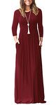 GRECERELLE Women's Casual Maxi Dress Long Sleeve Long Dresses with Pockets and Sleeves for Ladies (Wine Red, M)