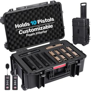 BlackSmith Pistol Case for Handguns, Holds Up to 10 Pistols, TSA Approved Wheeled Hard Gun Case with DIY Pick & Pluck Foam, IP65 Waterproof Firearm Travel Case with Automatic Pressure Valve