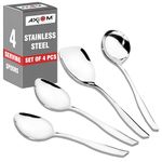 Axiom Serving Tools Stainless Steel 4 Piece Heavy Gauge Non-Stick Set of 1 Soup Ladle (Karchi), 2 Solid Spoon (Chamcha) and 1 Rice Spoon for Serving Soup/Curry/Dal/Rice/Pasta - 23 Cm