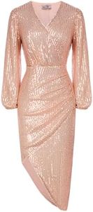 GRACE KARIN Hiver Robe Longue Paillettes de Soirée Femme Col en V Sexy Robe Moulante Manche Longue Taille Elastique Rose Or -5 S