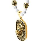 COOLSTEELANDBEYOND Mens White Synthetic Gem Stones Beads Necklace with Gold Black Steel Lion Head Shield Pendant