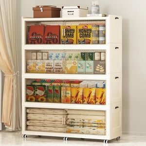 SAILUN 780QT/195Gal Stackable Storage Bins with Lid, Extra Large Collapsible Storage Bins With Doors and Wheels, Foldable Plastic Cabinet Containers for Garage Closet Organization, Beige, 4Pack
