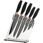 5pc Kitchen Knife Set & Block - Brooklyn Range by Taylors Eye Witness. Copper Coloured Bolsters. Finely Ground Razor Sharp Black Ceramic Coated Blades. Soft Grip Handles. Set in Sloping Carry Block.