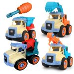 Kiddie Galaxia® Construction Vehicle Toys Foldable Vehicles Car Toy 4 Pack with Screwdriver Tools, Kids STEM Toys Including Crane Excavator Dump Mixer Screwdriver for Toddlers Birthday Gifts for Kids