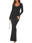 REORIA Women's Sexy Casual Scoop Neck Long Sleeve Lounge Long Dress Elegant Fall Wedding Guest Tight Ribbed Bodycon Maxi Dresses Black Medium