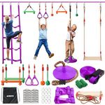 Ninja Warrior Obstacle Course for Kids - Slackline 15.8m with 9 Accessories, Awing Seat, Climbing Net, Monkey Bar - Outdoor Obstacle Course - Toy Equipment for Kids