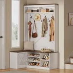 YITAHOME L-Shaped Shoe Cabinet with Bench & Storage, Corner Entryway Organizer with 5 Shoe Shelves, Hidden Seat Compartment, Hooks & Open Top Storage for Living Room & Hallway, Walnut & Off-White