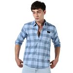 Campus Sutra Men's Blue Checks Button Up Regular Fit Shirt for Casual Wear, Cotton Spread Collar Shirt Crafted with Regular Sleeve, Comfort Fit