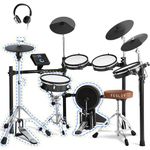 Fesley Electric Drum Set with Independent Hi-Hat Snare Drum: Full Size Electronic Drum Set with Mesh Dual Zone Drum Pad, Drum Set with Bluetooth MIDI Function, Throne, Headphones, Sticks, Black