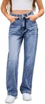 MakeMeChic Girl's Denim Pants High Waisted Straight Leg Jeans with Pockets Medium Wash 14Y