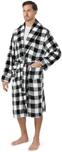 PAVILIA Mens Soft Robe, Plaid White | Warm Fleece Robes for Men, Soft Spa Bathrobe with Piping, Shawl Collar, and Pockets (Black and White Buffalo Plaid Checkered)