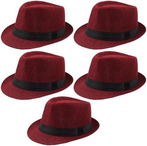 Ultrafun 5 Pack Short Brim Fedora Classic Summer Beach Sun Hat Panama Straw Cap for Men Women (Large, 5Pack-Wine Red)