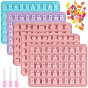 5 Moldes de Silicona para Dulces, Moldes de Osos, Moldes de Silicona de Dibujos Animados, Moldes de Corazones, Kit de Fabricación de Dulces de Silicona con 3 Cuentagotas