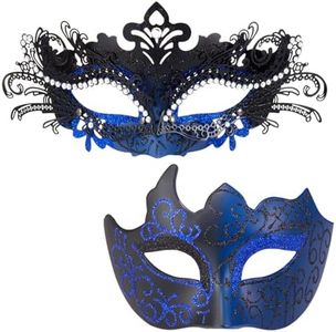 MYSEUNI Blue Masquerade Mask for Couple - Sparkling Rhinestone Metal Mascarades Mask for Women & Venetian Masks for Men - Perfect for Mardi Gras Party, Carnival, Halloween, Masquerade Balls
