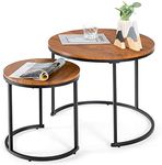 Giantex Set of 2 Round Nesting Coffee Table, Compact Stacking Side Tables w/Wooden Tabletop & Powder-Coated Steel Frame, Space-Saving Vintage End Tables for Living Room, Bedroom, Balcony (Brown)