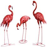 Metal Flamingo Garden Statues Large Red Flamingo Yard Art Outdoor Sculptures for Home Patio Lawn Backyard Décor, Set of 3